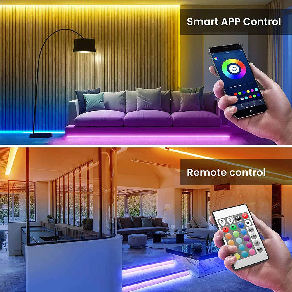 LED lights with remote control and app integration, allowing users to adjust colors, brightness, and patterns for customized ambiance behind a television.