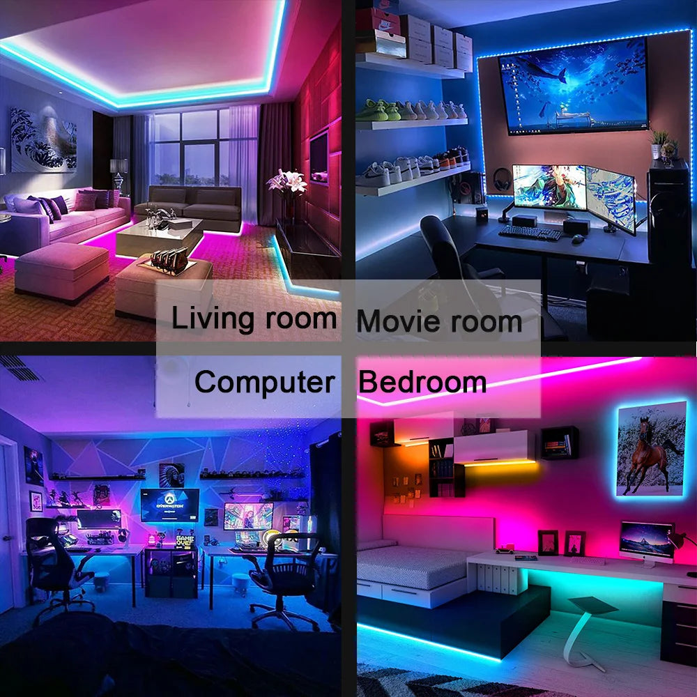 Versatile LED lights for various rooms including living rooms, bedrooms, movie rooms, and computer spaces, controllable via remote or smartphone app to adjust brightness, color, and ambiance.