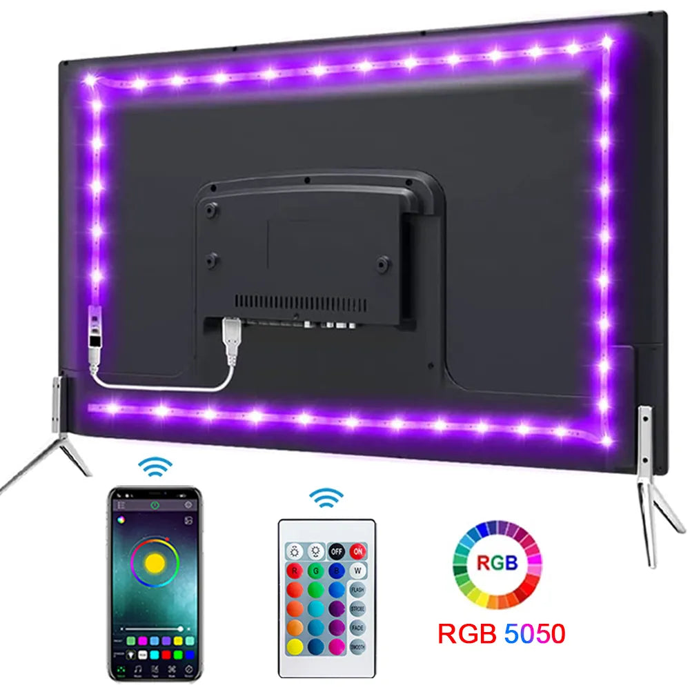 RGB 5050 LED lights affixed to the back of a television, offering customizable color options and brightness levels, accessible via remote control or smartphone app, ideal for enhancing the ambiance of living rooms, bedrooms, movie rooms, and computer spaces.